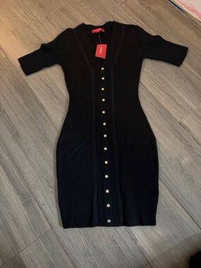 Sleeve Midi Button-Front Ribbed Dress - Black